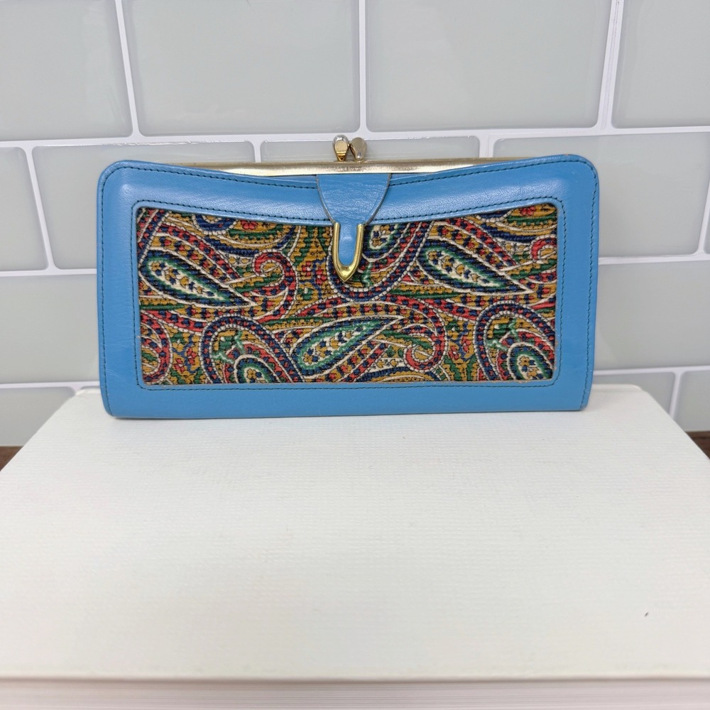 VTG‎ 60s Amity Ricardo Cowhide Paisley Corduroy Kisslock Wallet Blue/Turquoise